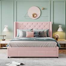 okwish Upholstered Bed 140 X 200 Cm, Double Bed With Slatted Frame, Backrest And Large Drawers, Adult Bed Youth Bed Made Of Linen, Beige/Pink Without Mattress - 粉色 - 查看 2
