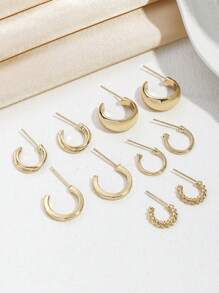 5 pares de pendientes de botón con textura lisa y en forma de C de aleación de moda para mujeres, para uso diario y festividades