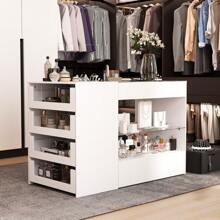ECACAD Bedroom Island With Glass Top, Checkroom Island Table Glass Display Shelf & 6 Drawers, Wooden Closet Storage Cabinet With Open Shelves For Bedroom