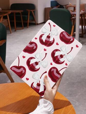 1 个樱桃红和白色蝴蝶结图案扁平保护壳，兼容 iPad 10.2 英寸、iPad Pro 11 英寸 2021/2020/10 代、iPad Mini 4/5/6、三星 Galaxy Tab A8 10.5 英寸 2022、Matepad 10.4 英寸/Tab，带铅笔槽，防摔，平板电脑支架保护壳，支持自动睡眠/唤醒