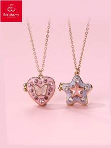 1 件儿童女孩心形和星形锌合金吊坠项链，粉色/紫色油滴可爱水钻磁扣，适合日常佩戴