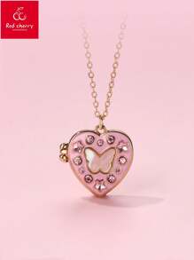 1 件儿童女孩心形和星形锌合金吊坠项链，粉色/紫色油滴可爱水钻磁扣，适合日常佩戴