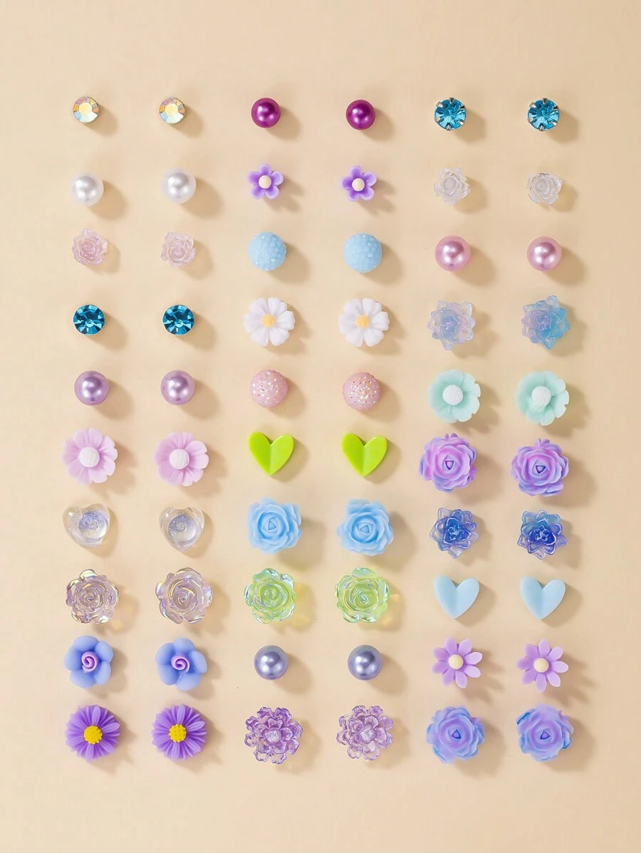 30prs/conjunto de brincos fofos em formato de coração e flor rosa multicolorida, dia dos namorados, mãe, mãe, dia das mães, presente - Multicolorido - Ver 1