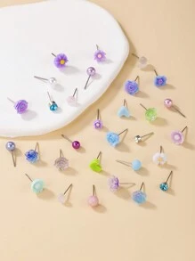 30prs/conjunto de brincos fofos em formato de coração e flor rosa multicolorida, dia dos namorados, mãe, mãe, dia das mães, presente - Multicolorido - Ver 2