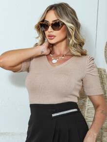 Women's Basic Knit Blouse Summer Modal V-Neck Puff Sleeve | T-Shirt Blouse T-Shirt Look Knit - 綠色 - 查看 11