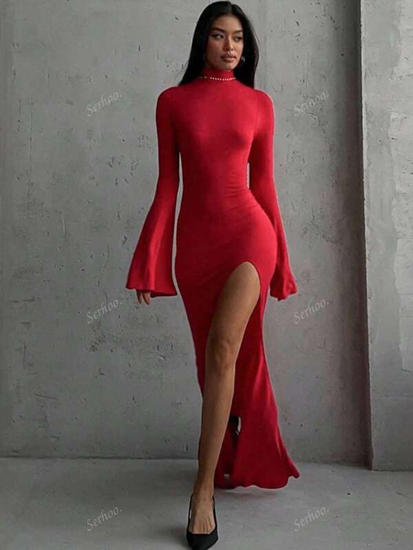 Vestido largo ajustado con espalda abierta y abertura, mangas acampanadas, para fiesta/banquete, color rojo