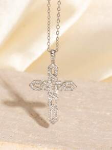 1pc European & American Rhinestone Hip Hop Style Pendant Necklace Vintage Copper Rhinestone Cross Choker Necklace Titanium Steel Necklace Pendant, Everyday Wear