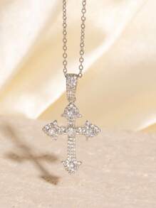 1pc European & American Rhinestone Hip Hop Style Pendant Necklace Vintage Copper Rhinestone Cross Choker Necklace Titanium Steel Necklace Pendant, Everyday Wear