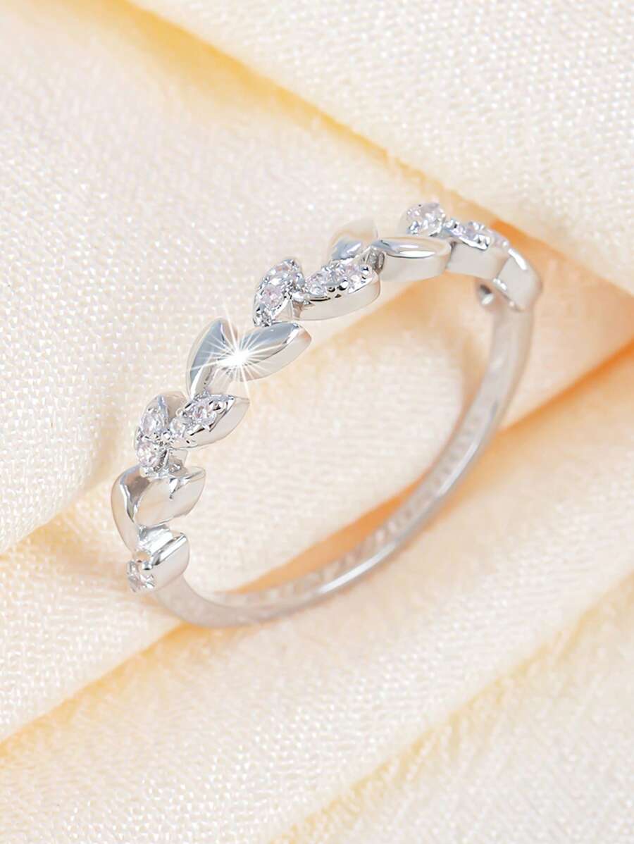 1pc Glamorous Cubic Zirconia Leaf Decor Ring For Women For Gift - Silver - View 1
