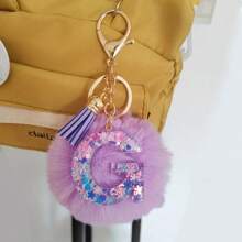 Adorable Glitter Initial Pompom Keychain - Sparkling Resin Alphabet Pendant With Fluffy Letter Charm For Girls' Bags, Backpacks, And Accessories - Personalized Idea For Teens And Young Ladies Halloween Accessories Teachers Day Christmas Gift Ideas Bag Accessories Lanyards With Id Holder Car Accessories Bag Charms