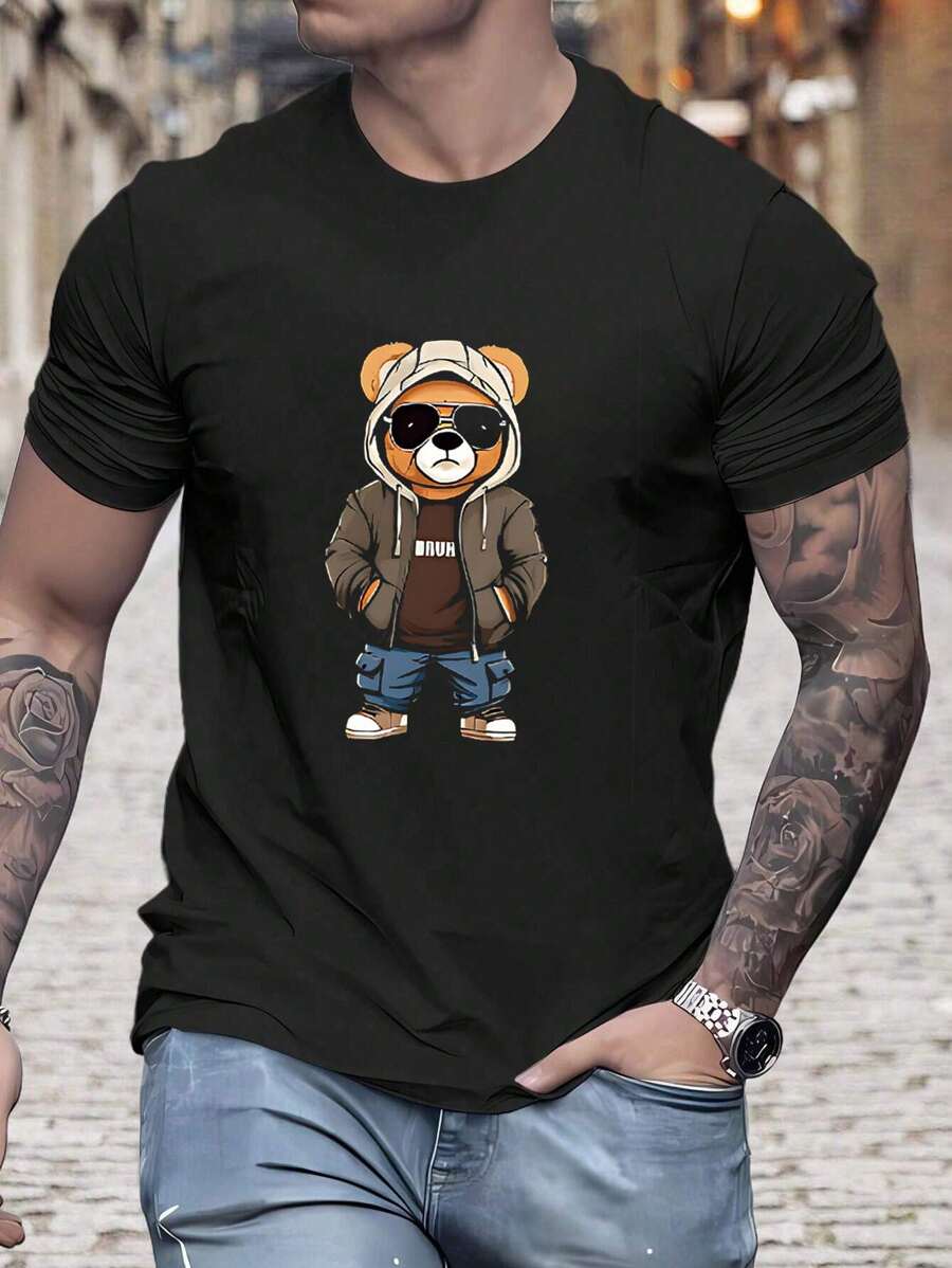 Camiseta Redonda De Cuello Estampada Con Dibujos Animados Para Hombres - Negro - Ver 1