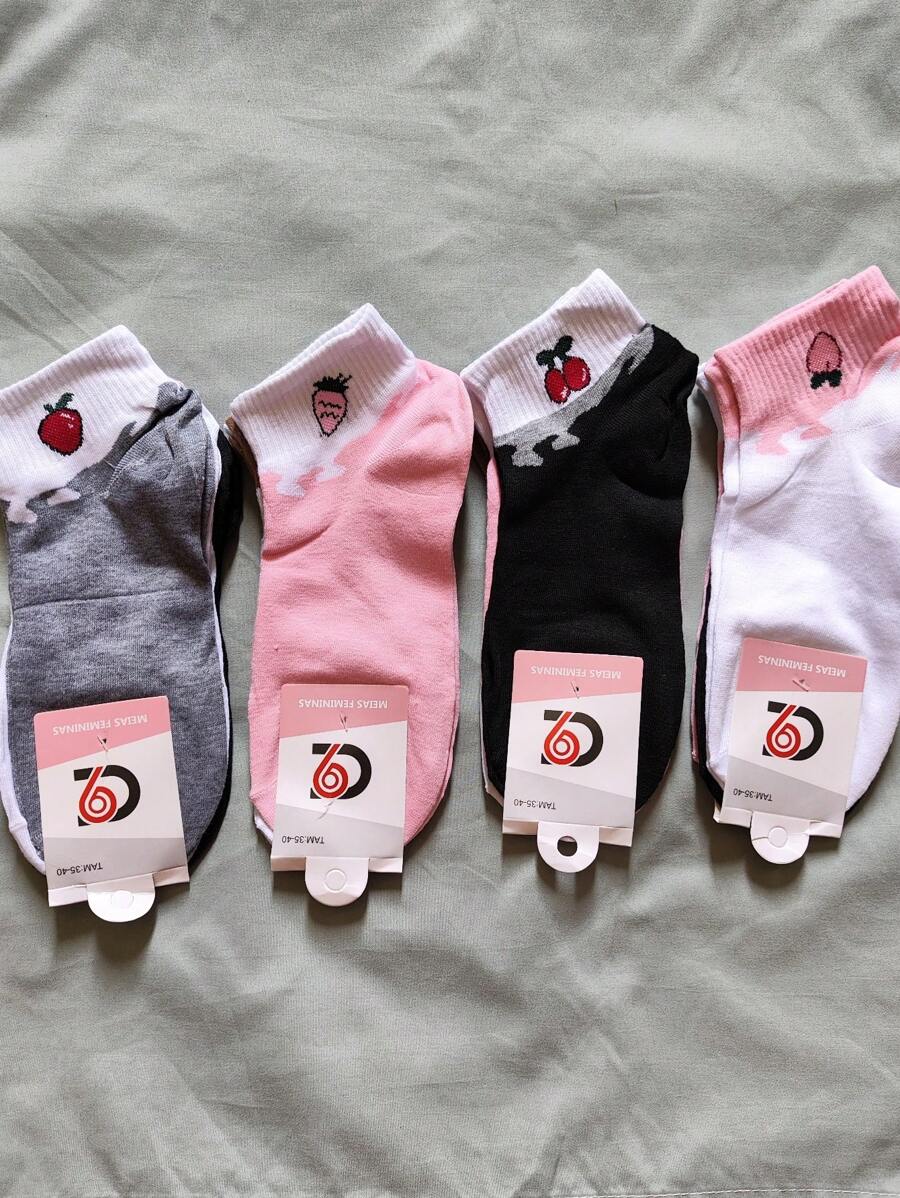 kit 12 par meias feminina  cano curto padrão de frutas ou amor