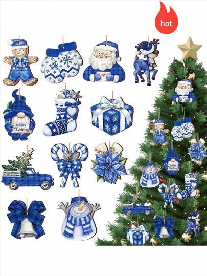 12 件/24 件/36 件水彩木制挂饰，复古木制工艺品，圣诞树、家居、派对节日装饰；采用明亮的蓝色主题，重现浪漫的圣诞夜氛围，融入流行的节日元素，如雪人、姜饼人、拐杖糖、铃铛、驯鹿、卡车、