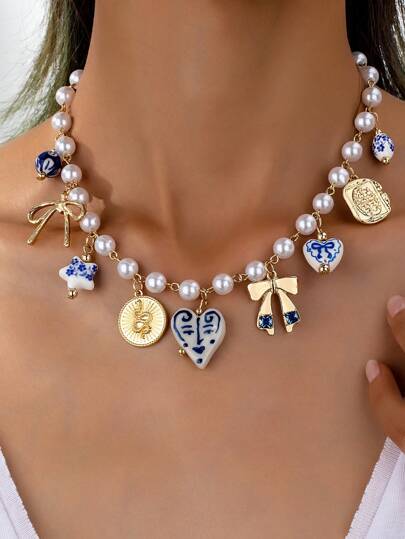 1 件心形蝴蝶结陶瓷心形多串饰项链，人造珍珠串珠串饰项链，手工制作的珠宝，形状和图案略有不同，适合情人节、妈妈、母亲、母亲节、礼物