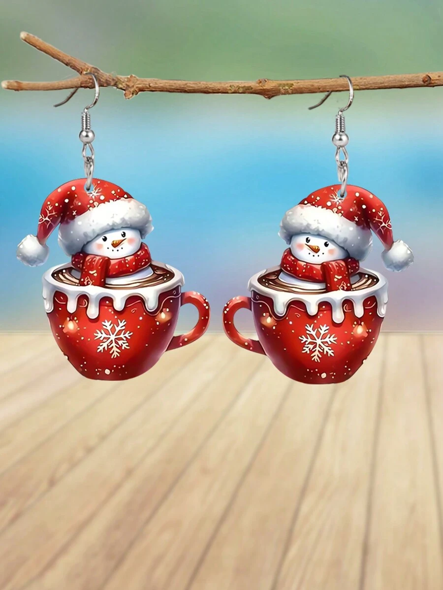 1 对时尚红色咖啡杯雪人亚克力耳环女士潮流耳环圣诞耳环节日派对耳环珠宝配饰圣诞礼物 - 紅色 - 查看 1