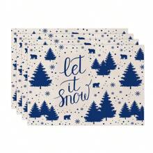 1 Stück/4 Stück/6 Stück, Weihnachten Winter Tisch-Platzsets, Weihnachten blaue Grünpflanzen Schneeflocken Rentier Leinen Platzsets, schmutzabweisende Platzsets, geeignet für Zuhause, Esszimmer und Restaurant, Tischdekor, Heimwaren
