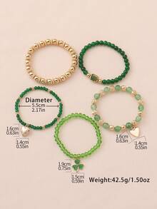 5件套波西米亚风四叶草心形吊坠透明绿色玻璃珠可叠戴手链，弹性珠手链套装，适合女性参加派对、俱乐部、庆典等场合的配饰 - 查看 3