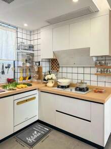 1 pieza Alfombra de cocina con estampado de cubiertos y letras, material de fibra de poliéster de estilo moderno, rectangular antideslizante y duradera, adecuada para la entrada, la cocina, la sala de estar y la decoración del dormitorio - Gris Oscuro - Ver 14