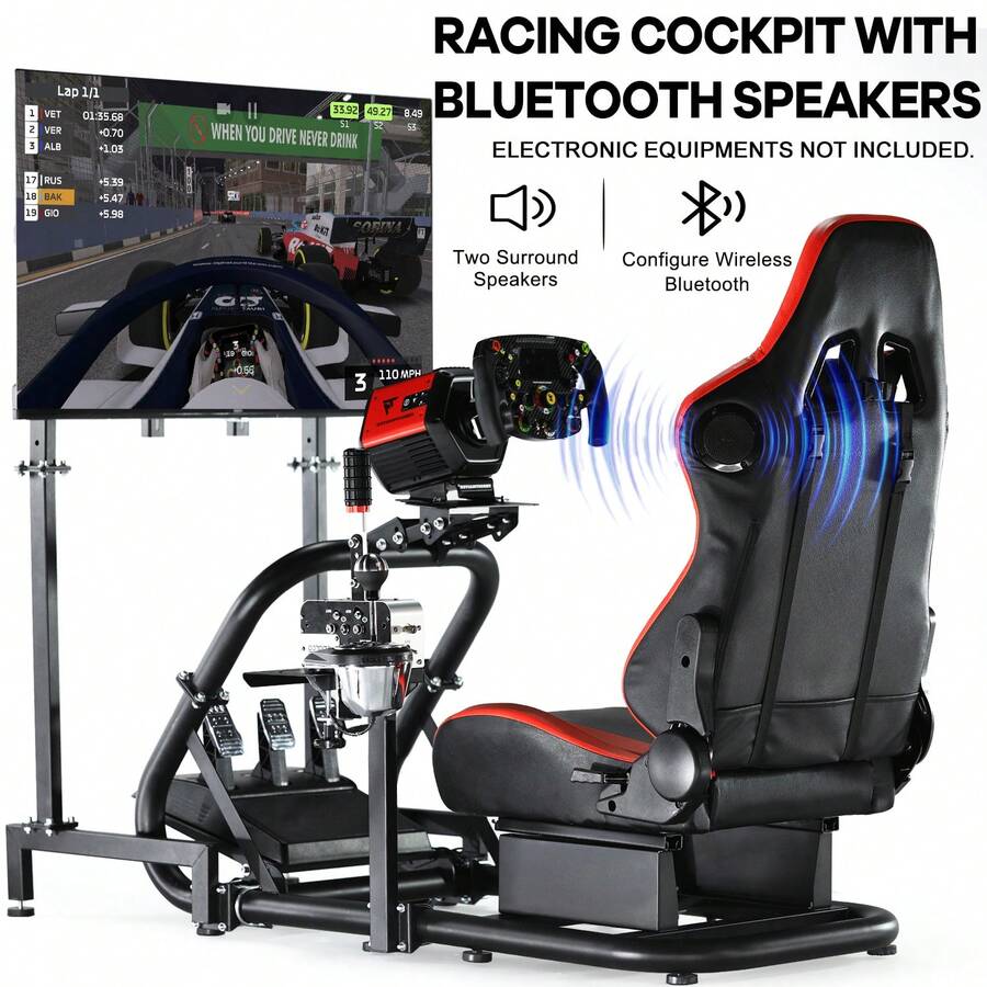 Minneer Racing Sim Cockpit With TV Stand & Wireless Speaker Seat Fit G29 G920 T300RS GT R12,Pedals Handbrake Steering Wheel Not Included - Red - View 1