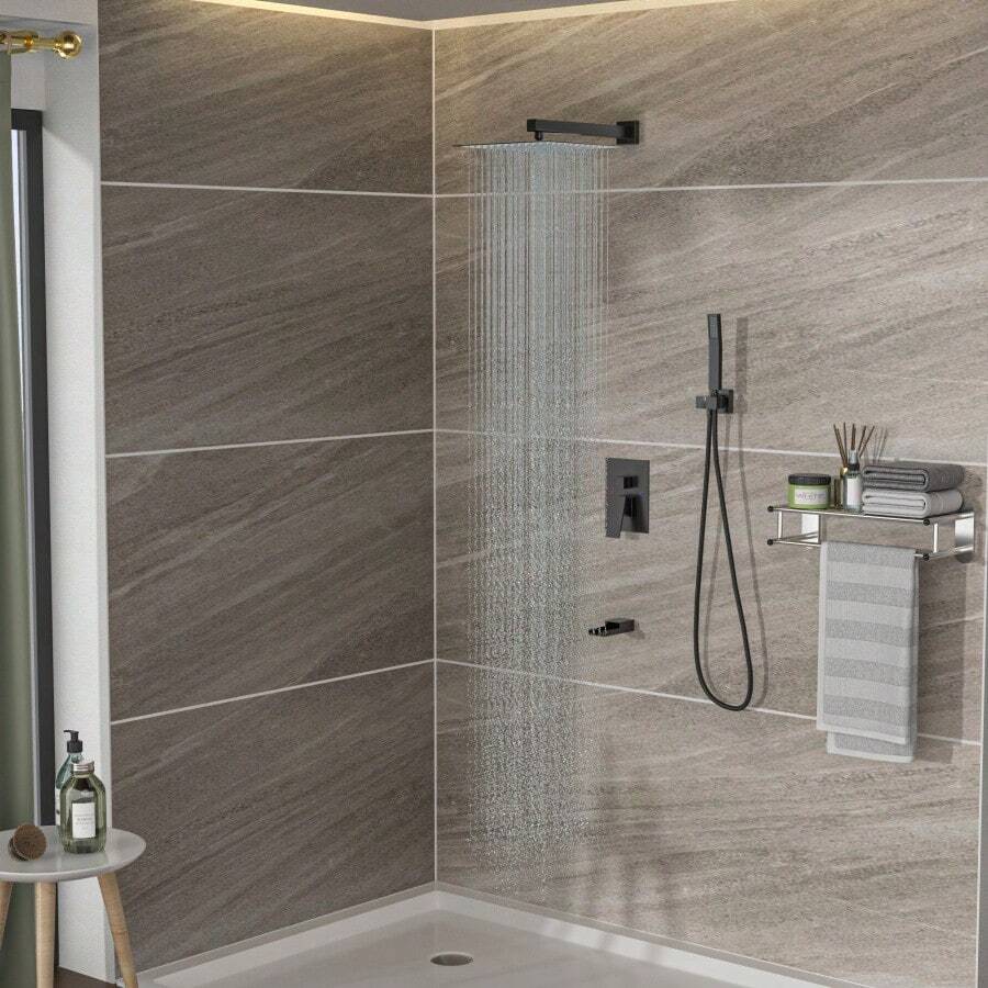 Shower System With Waterfall Tub Spout, 12 Inch Wall Mounted Square