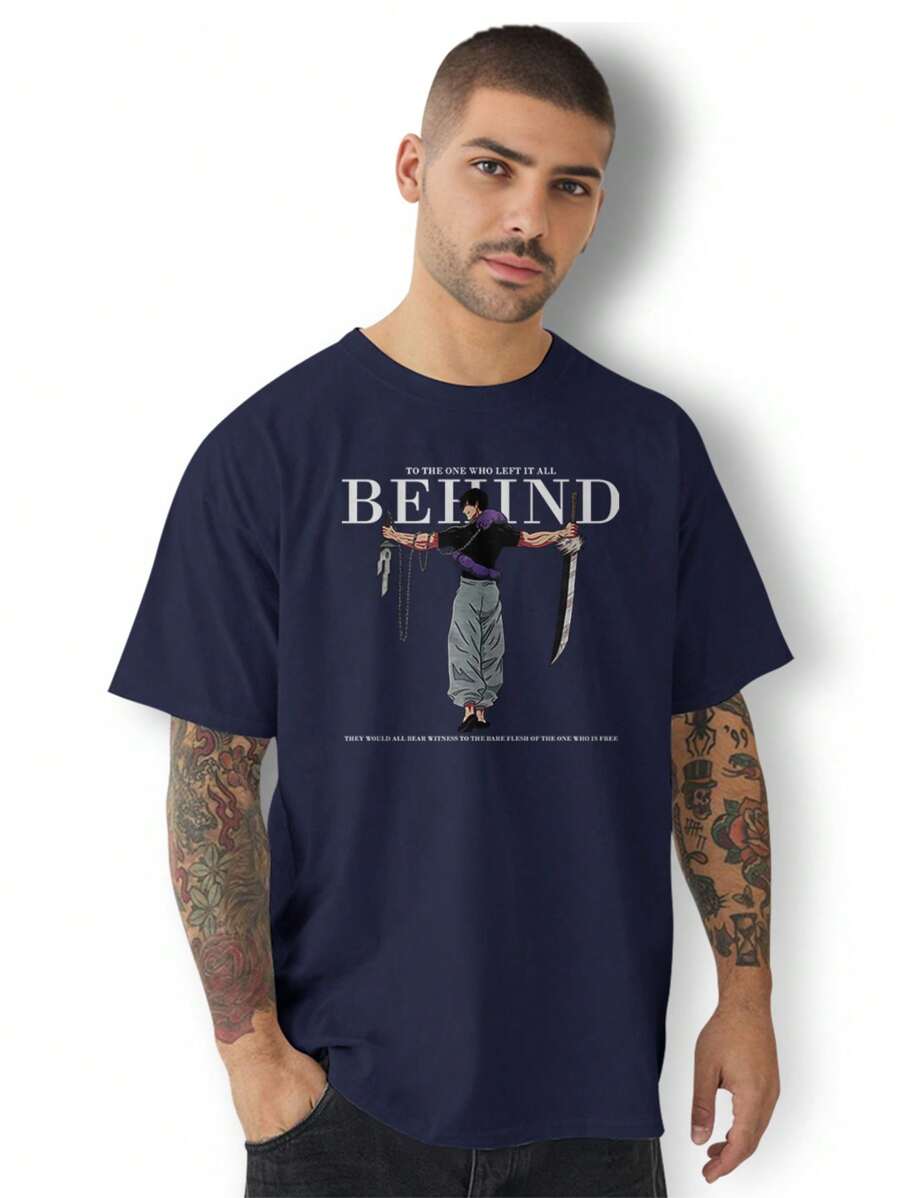 Men's Printed T-Shirt Behind The New Basic Short Sleeve Shirt Premium Fabric - 藏蓝色 - 查看 1