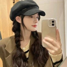 1 pieza Boina negra, gorra versátil para otoño/primavera para mujer, circunferencia de cabeza grande, estilo de pintor de cara pequeña