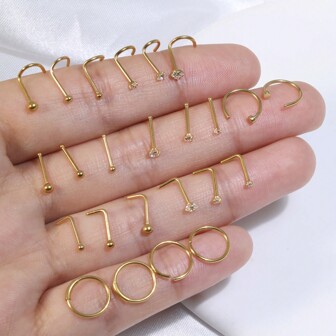 Golden Stainless Steel Nose Rings Hoop L Shaped Nose Studs Nose Ring Screw Bone Silver Pack For Women Men