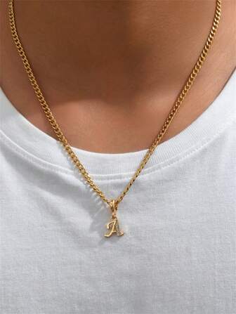 1pc Fashionable Rhinestone Decorated 26 Letters Initial Pendant Necklace For Men, Stainless Steel Casual Necklace Suitable As Gift For Boyfriend