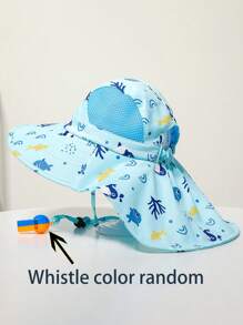 1 pieza Sombrero de protección solar para niños, Gorra de playa de verano anti-UV transpirable y de secado rápido con estampado y capa (color del silbato aleatorio)
