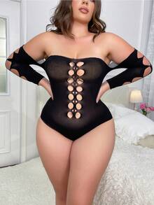 1 件女式加大码性感连体裤，镂空肩部透明舒适弹性面料，适合派对、俱乐部和夜总会 - 黑色 - 查看 1