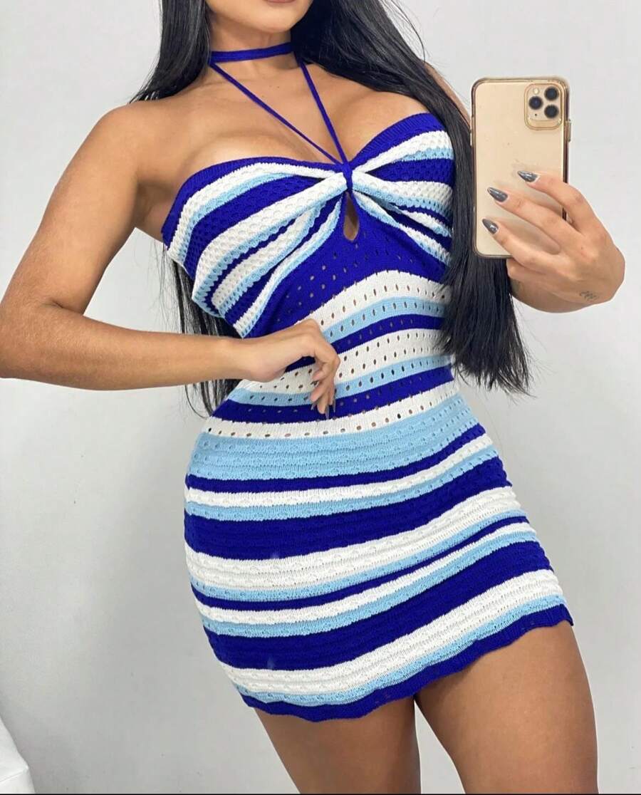 Short Knitted Dress With Lace Striped Drawstring Tie Knit Summer - Màu xanh lam - Xem 1