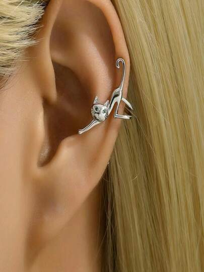 قرط أنيق مطلي بالنحاس ذو تصميم بسيط على شكل قطة، مرصع بسبائك الزركونيا المصنعة، مناسب للارتداء اليومي وحفلات، قرط مطلي بالنحاس الفضي غير ثقوب الأذن، مجوهرات عصرية مناسبة لجميع المناسبات