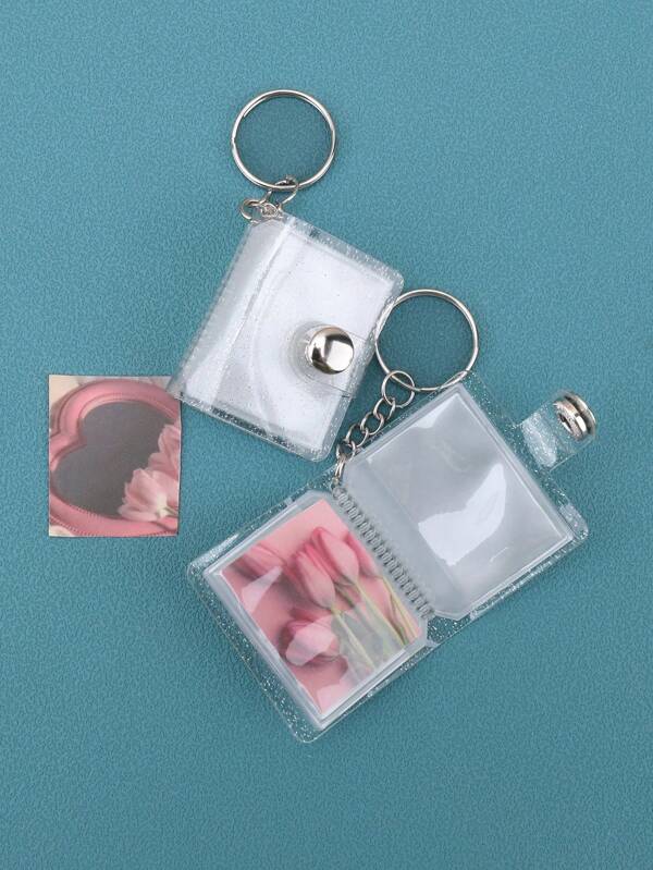 16 hojas/1 libro/1 pulgada, Álbum de fotos en miniatura blanco brillante con llavero, Portatarjetas de identificación simple y delicado estilo inserción de bolso, Vuelta al colegio, Útiles escolares