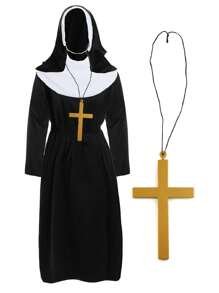 I LOVE FANCY DRESS Unisex Nun Costume With Gold Cross Ladies Mens Halloween Costume Sister Act Nun Costume Scary Theatre Costume - Black - View 1