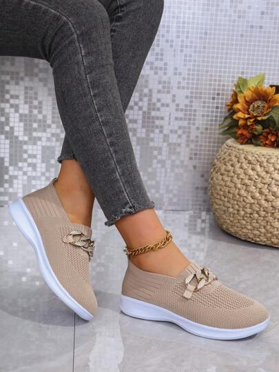 Women's Mesh Chain Slip-On Athletic Shoes, Soft Sole Lightweight Thick Bottom Elevated Running Sneakers, Breathable