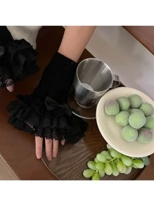 1pair Y2K Lace Ruffle Bow Decor Knit Cable Net Arm Warmers, Cute Girl Style, Suitable For Daily Use - Bow Lace Style - View 6