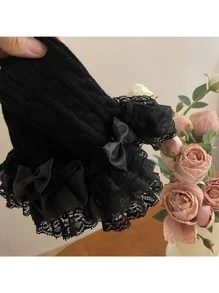 1pair Y2K Lace Ruffle Bow Decor Knit Cable Net Arm Warmers, Cute Girl Style, Suitable For Daily Use - Bow Lace Style - View 5