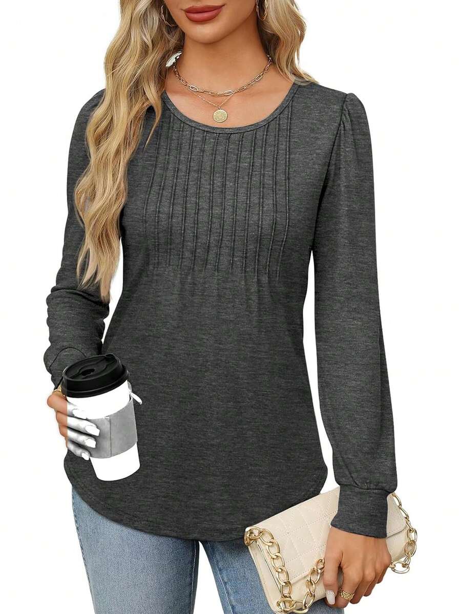 Chemisier femme 2024 style européen et américain, manches longues, blouse d'automne, chemise casual plissée col rond bas ceinturée - Gris foncé - Voir 1