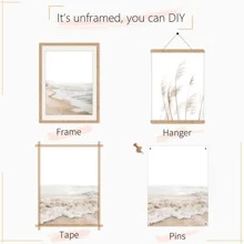 Conjunto de 3 impresiones de arte de pared estilo boho sin marco de temática costera neutra, incluye impresión de pasto pampa, minimalista, fotografía paisajística del océano, decoración estética para el hogar, arte de pared impermeable en lienzo, pintura mural para regalo, dormitorio, sala de estar, oficina, baño, hogar y decoración de dormitorio