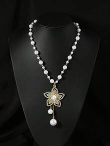 1 件优雅奢华长款人造珍珠项链，配锆石花朵吊坠，流苏珍珠项链，适合派对佩戴，母亲节礼物，适合女性 - 彩色 - 查看 2