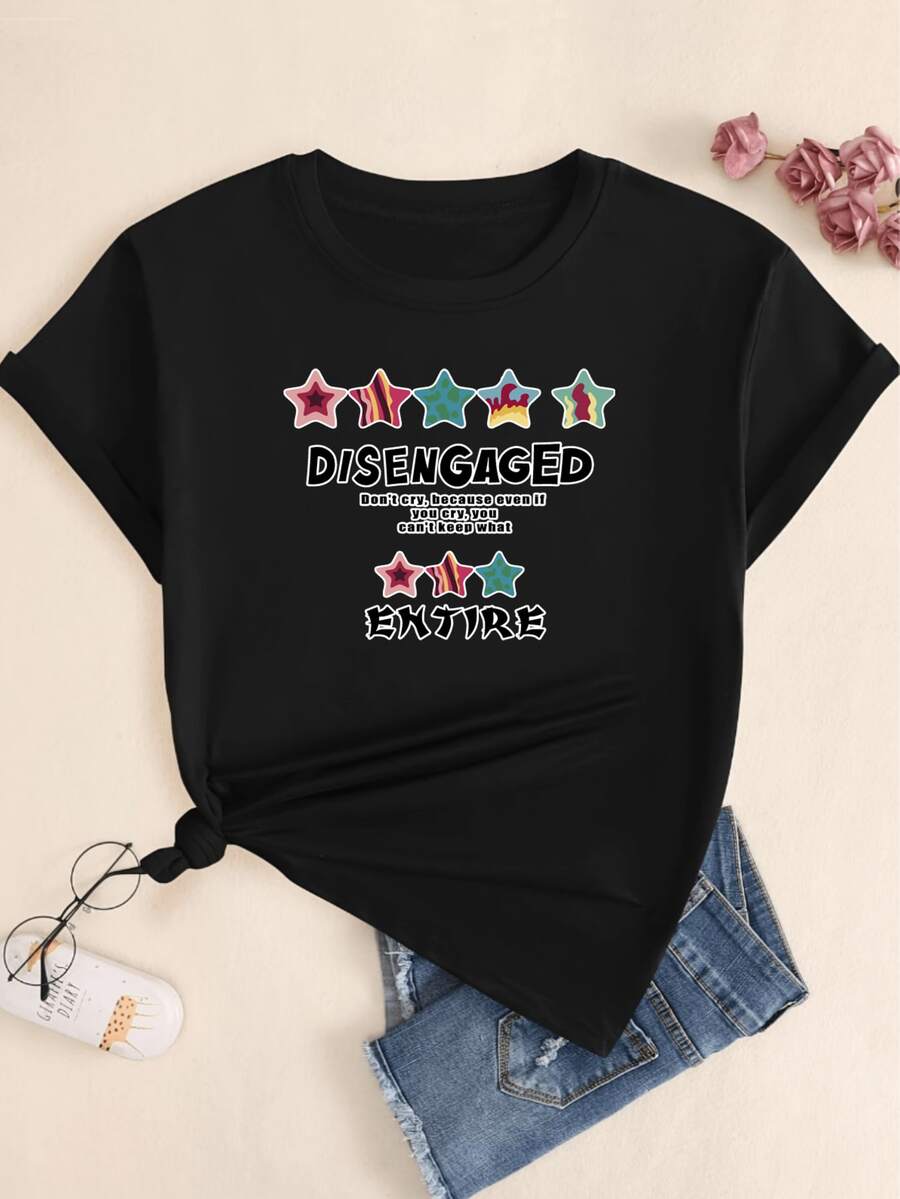 Disengaged Print T-Shirt Women's Blouse Comfort Short Sleeve Casual Premium T-Shirt - 黑色 - 查看 1