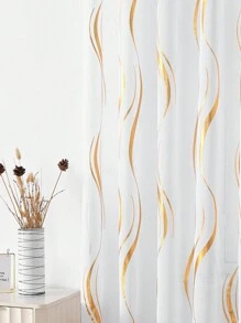 1pc Modern Metallic Wave Pattern Single Layer Black Foil Shimmer Voile Sheer Curtain - Gold - View 5