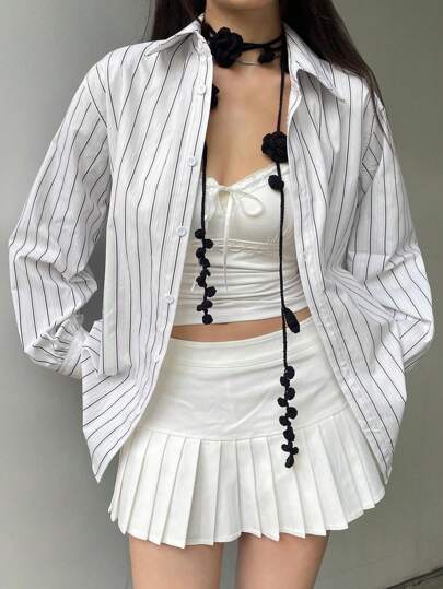 Einfaches Kontrastfarbiges gestreiftes Hemd mit Knopfleiste, Langarm, Lässig Damen Blusen, Loose Fit Allround Tuniken, Frühling