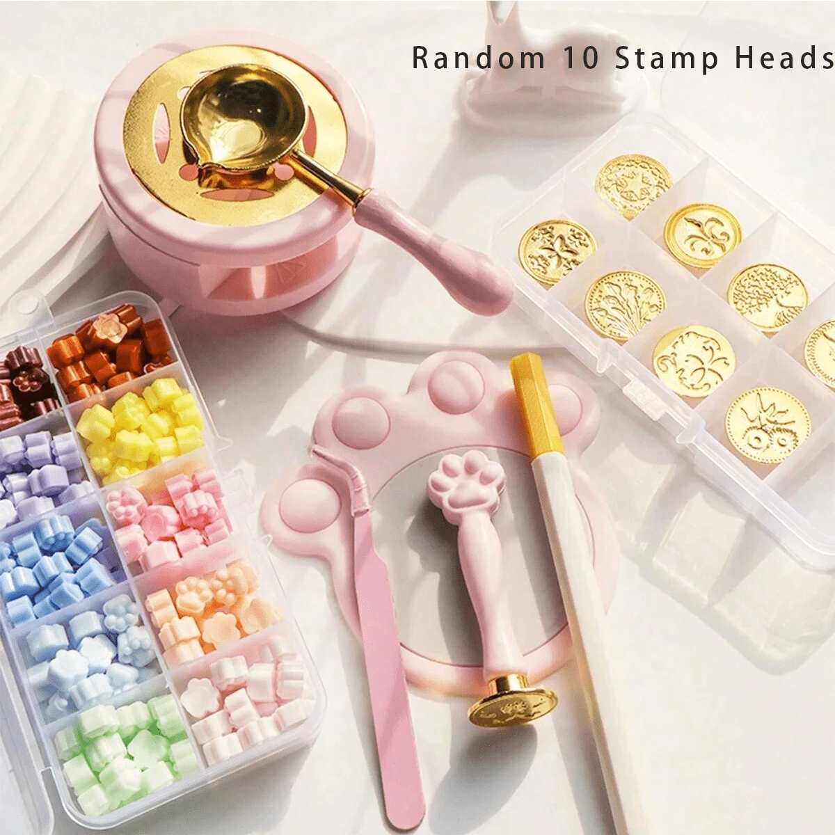 17件套蜡封套装（随机印头），配猫爪形垫，适用于剪贴簿、卡片制作、DIY工艺品，生日礼物蜡封套装，万圣节圣诞节礼物首字母蜡封 - 粉色 - 查看 1