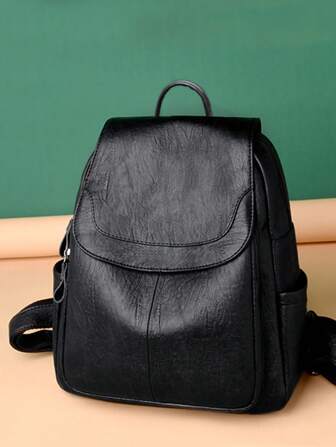 Classic Solid Color Flap Backpack, Casual For Daily Use High Quality Leather, Preppy Backpack For School