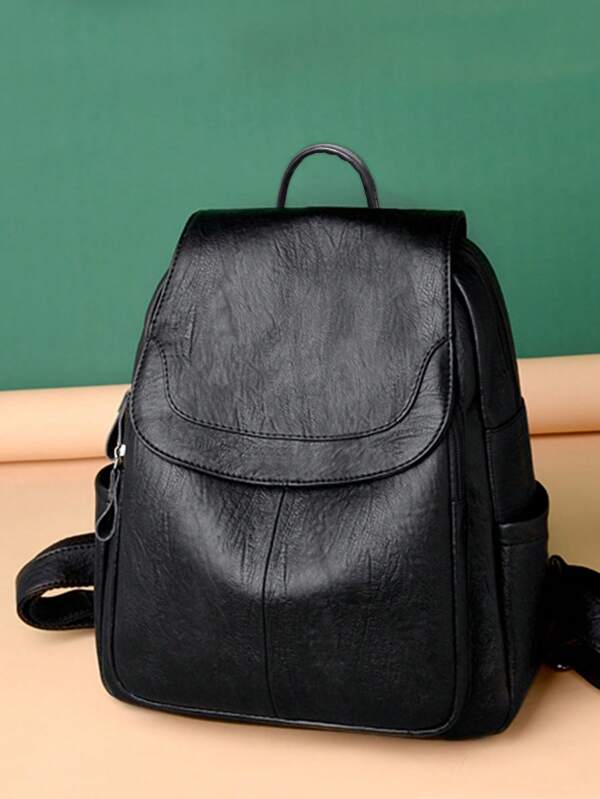 Classic Solid Color Flap Backpack, Casual For Daily Use High Quality Leather, Preppy Backpack For School