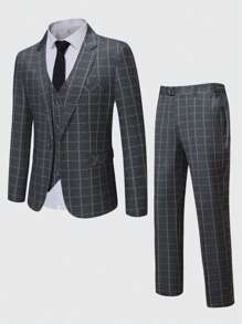 CLOUDSTYLE Men's 3-Piece Suit Set, Including Plaid Print Lapel Neck Single-Breasted Long Sleeve Jacket, Vest And Pants, For Business Travel And Daily Wear, Spring And Autumn - Dark Grey - View 1