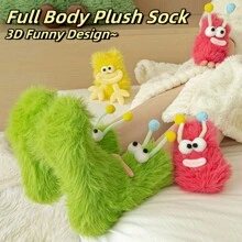 1 Pair Ultra Thick Thermal Lined Socks, Unisex Casual Sports Socks For Winter, Snow Socks, Warm Thermal Mid-Calf Socks, Funny Face Plush Long Tube Slippers Socks, Extra Thick Sleep Socks, Cute Furry Snow Socks, Thick Warm Floor Socks, Fluffy Couple Socks, Adorable Warm Socks, Creative Gift For Family And Friends
