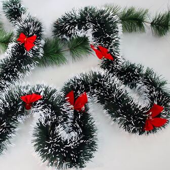 3/2/1pc Christmas Tinsel Garland, Dark Green Frost Tip Metallic Garland With6/12pcs Red Bows, Artificial Xmas Garland For Home Indoor Qutdoor Christmas Tree Decoration, Holiday Wedding Party Supplies