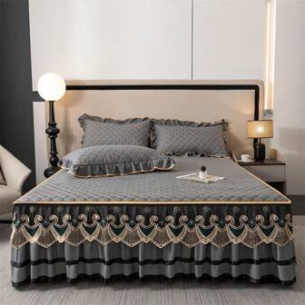 1pc Quilted Thick Fitted Sheet, Warm Mattress Protector, Replace Bedsheet, Quilted Design With Ruffle, Suitable For All Seasons, Machine Washable, No Pillowcase Included, For Home & Hotel, 16in/40cm Ruffle Height